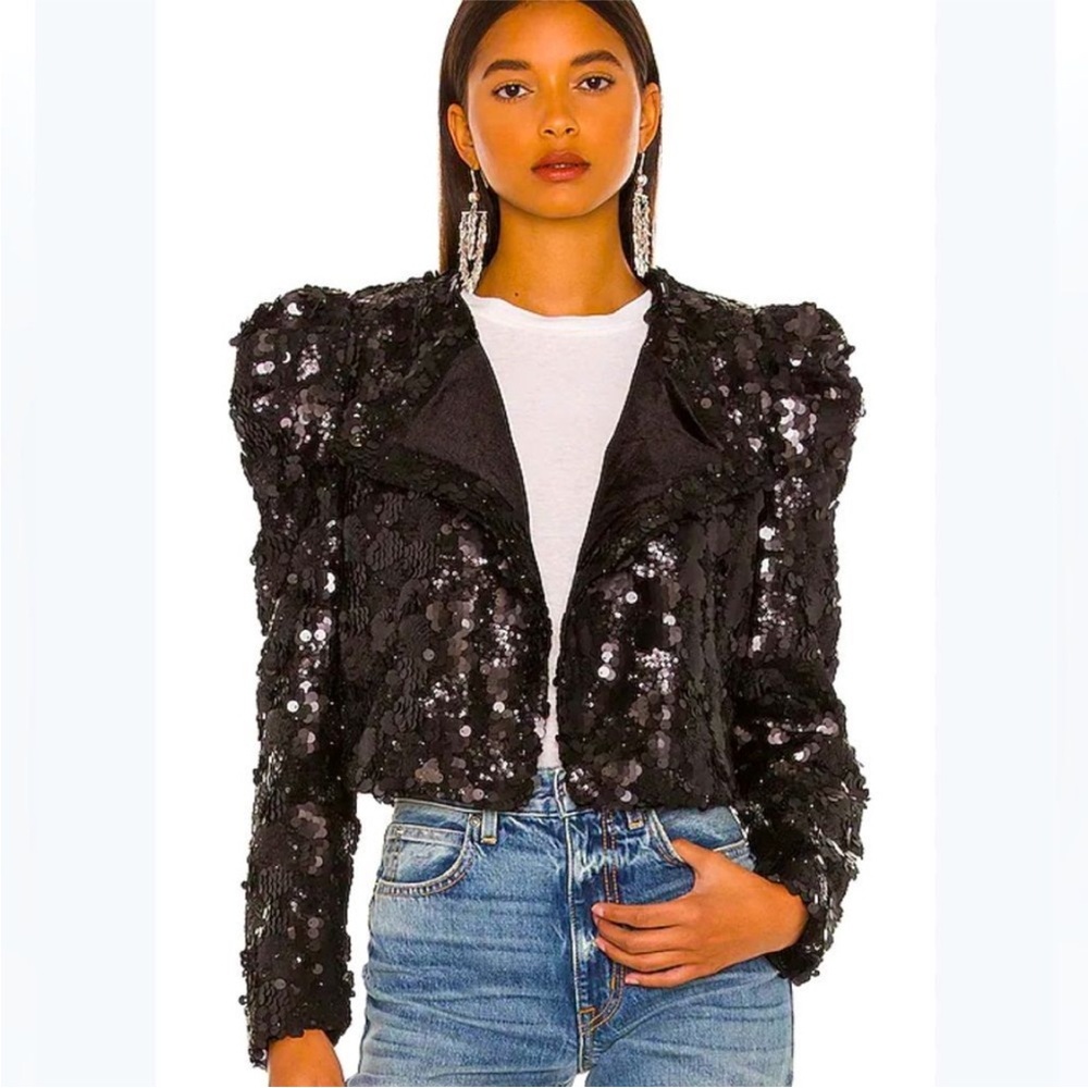BLANK NYC Black Sequin Puff Sleeve‎ Moto Jacket Cropped Snapped Closure EUC XS